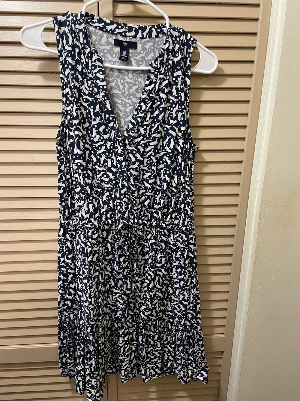 GAP Navy and White Sleeveless Mini Wrap-Style Dress cat and flower print